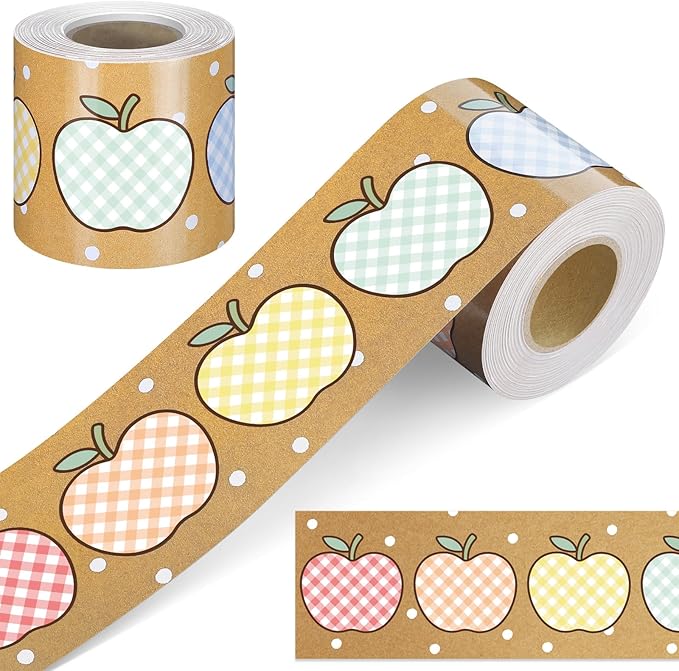 Zonon 65.6 Ft Kraft Bulletin Board Border Pastel Gingham Apple Themed Classroom Decor Straight Border Trim for Office Whiteboard Walls Desks Windows Doors Lockers