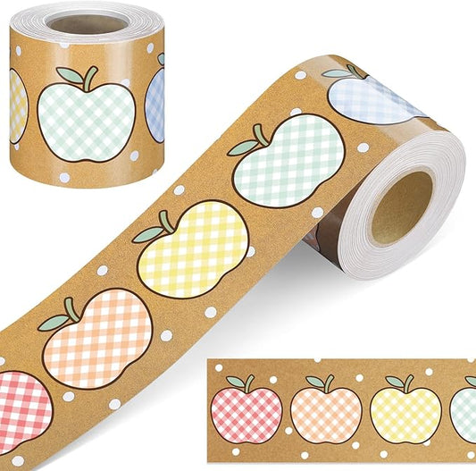 Zonon 65.6 Ft Kraft Bulletin Board Border Pastel Gingham Apple Themed Classroom Decor Straight Border Trim for Office Whiteboard Walls Desks Windows Doors Lockers