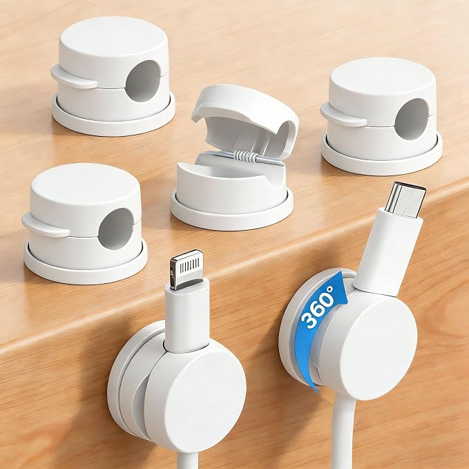 6PC 360° Rotatable Spring Cable Management, Cord Organizer Holder for Desk, Strong Adhesive Cable Clips Desk Accessories, Adjustable Wire Keeper for Nightstand, Home, Office, RV (White)