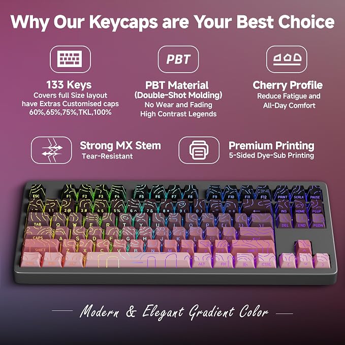133 Aesthetic Topographic PBT Keycaps, No Tearing, Never Fade & Non-Slip, Modern RGB Backlit Black-to-Pink Gradient Keycaps for Mechanical Keyboard - Ergonomic (Doubleshot, Fit All for MX Layout)