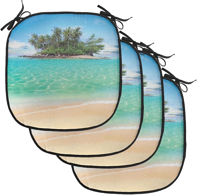 Lunarable Island Chair Cushion Pads Set of 4, Tropical Island Sandy Seaside Clear Water Honeymoon Destination Waterscape, Anti-Slip Seat Padding for Kitchen & Patio, 16"x16", Cream Blue Green