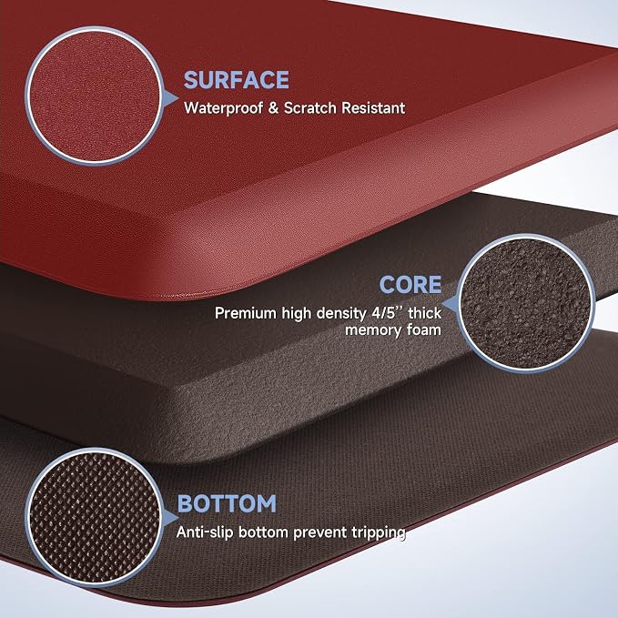 StepRite 4/5 Inch Thick Kitchen Mat Anti Fatigue Mat Kitchen Rugs Kitchen Decor Non-Slip, Stain & Water Resistant, Kitchen Mats Desk Mat for Kitchen, Office, Workshop, Red, 17'' x 28''