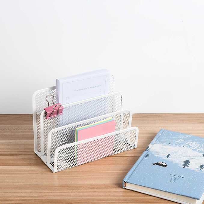 VANRA Small Letter Sorter Desktop File Holder Organizer Metal Mesh with 3 Vertical Upright Compartments (White)