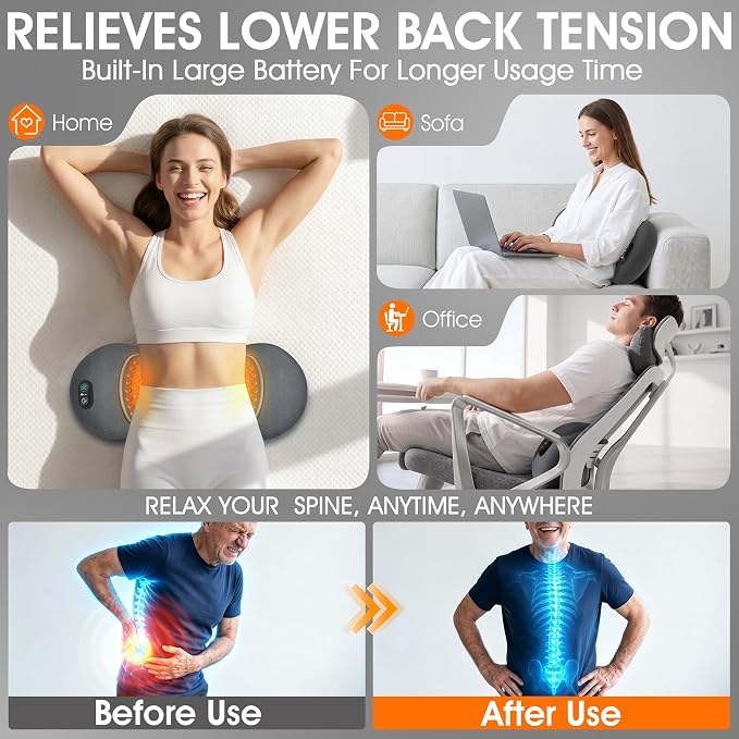 3-In-1 Update Rechargeable Electric Lumbar Support Pillow,Triple Fusion Back Massager With Heat,Vibration & Traction Triple Fusion Massager For Sciatica,Back Massager For Pain Relief Deep Tissue Bed