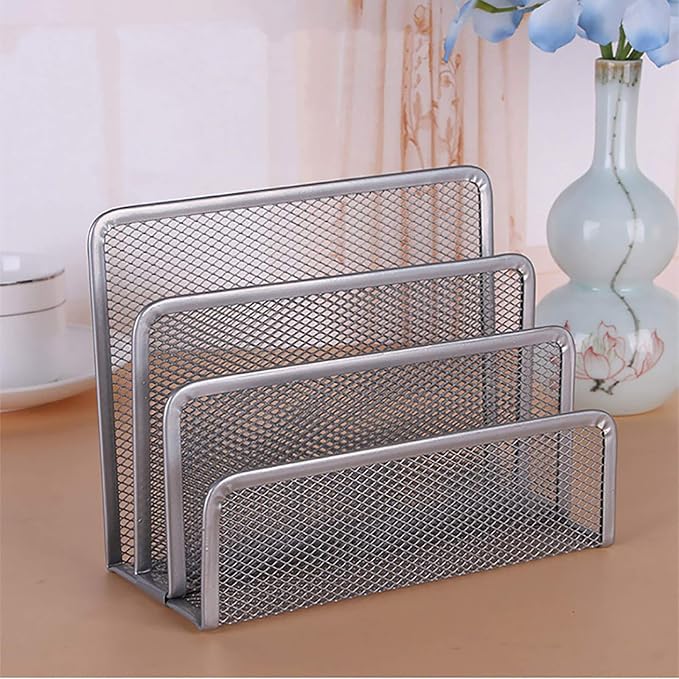 VANRA 2 Small Letter Sorters Desktop Envelopes Holder Organizer Metal Mesh | 2 Pack Desk Letter Organizer 4 Compartments Bills Holder Paper Sorter Letter Tray for Office School Storage (Silver)