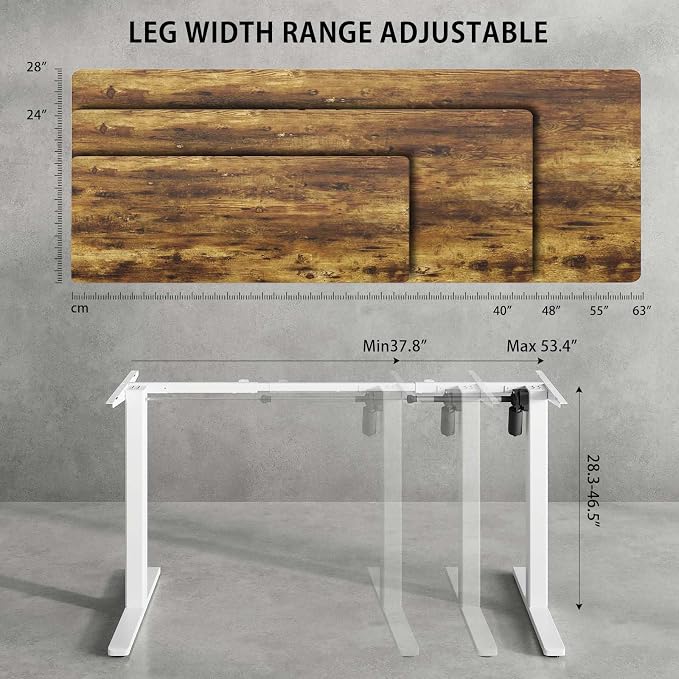 Electric Standing Desk Frame, Adjustable Height & Length, 63" x 28" Tabletop Compatible, 3 Preset Heights, 154 Lbs Weight Capacity, White