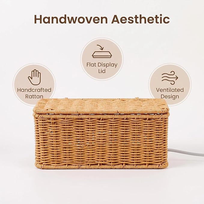 Cable Management Box, Handwoven Faux Rattan Cord Basket with Lid, Decorative Wiker Cord Hider Organizer with 2 Side Slots for Power Strip, Small Router, USB Hub, Desk, TV PC Charger for Desk