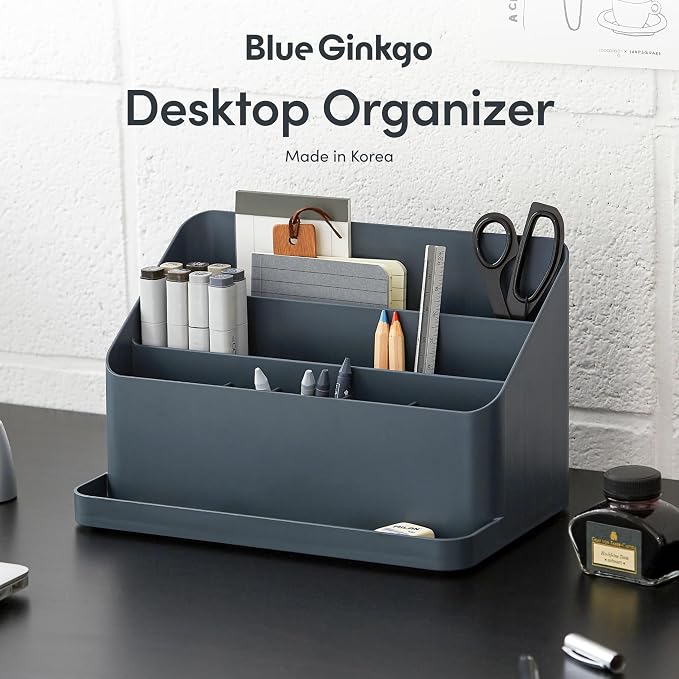 BLUE GINKGO Desk Organizer, Office Supplies, Blue, Made in Korea | Multi-Compartment. Adjustable. Everyday Storage.