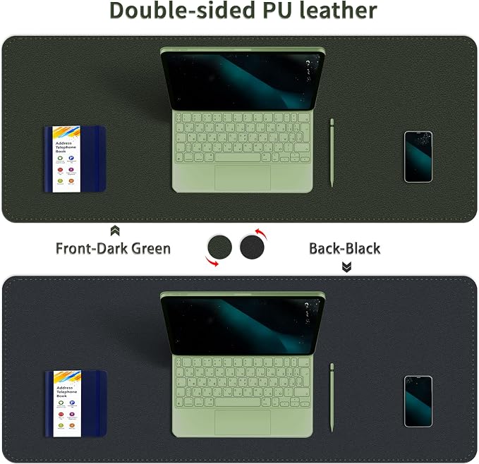 Bleswin Multifunctional Large Desk Mat, Double Sided Computer Desk pad, Extended Mouse Mat, Office Desk Protector with Waterproof PU Leather, 35.4''×16.9'', Office Home Writing Pad (Dark Green+Black)