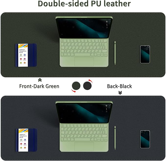 Double-Sided Office Desk Mat, Large Mouse Pad, Waterproof PU Leather Protective Pad, Laptop Desk Pad, Dual Use Cover Protector for Office/Home Keyboard (Dark Green+Black, 31.5''×15.8'')