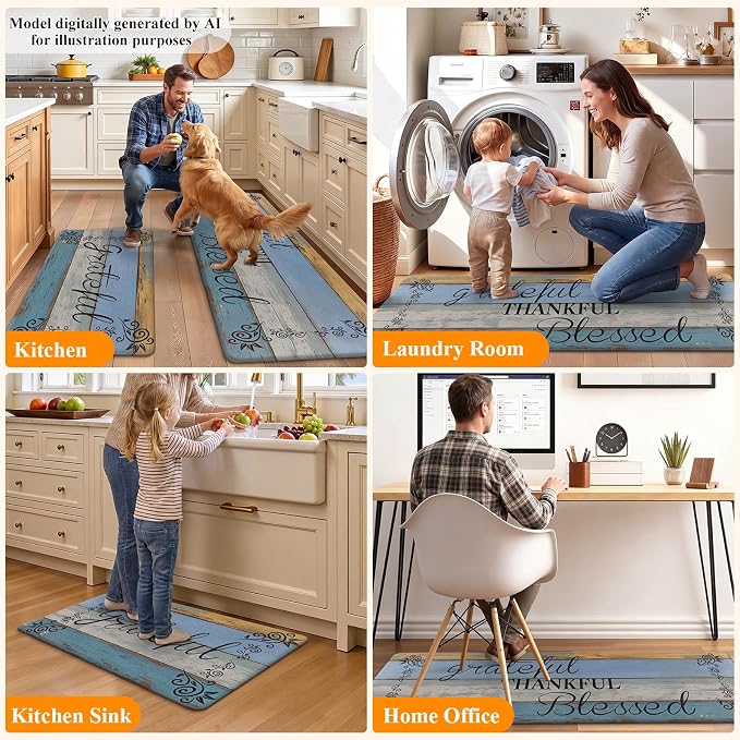 HEBE Anti Fatigue Kitchen Rugs Set of 2, Non Slip Cushioned Kitchen Mats for Floor, Waterproof Farmhouse Kitchen Carpet Set Comfort Standing Desk Mat for Sink,Office,Laundry