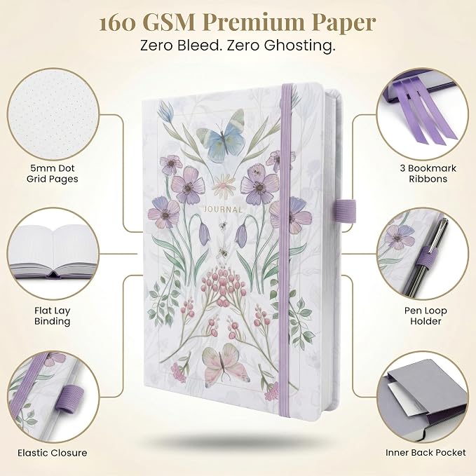 VIVID SCRIBBLES Lined Journal for Women, A5 Hardcover Notebook, Thick 120 GSM Paper, No Bleed, Premium Writing Journal, Lay Flat Binding, Pen Loop, Elastic Closure, 3 Bookmarks