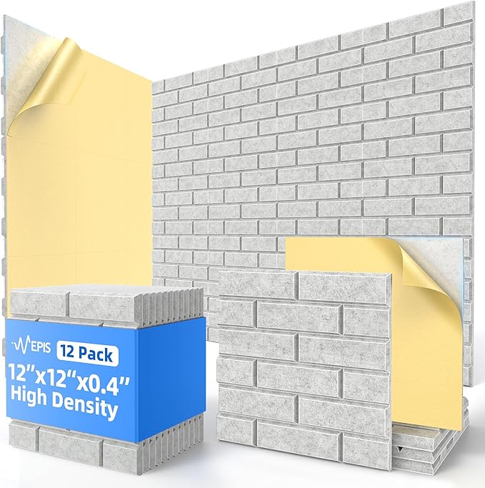 12 Pack Acoustic Panels with Self Adhesive, 12" X 12" X 0.4" High Density Sound Proof Foam Panels for Walls, Soundproof Wall Panels, Brick Sound Absorbing Panels for Home Studio Office Decor Ivory Tan