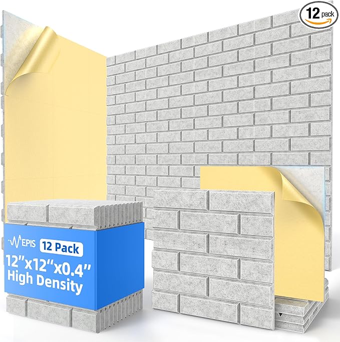 12 Pack Acoustic Panels with Self Adhesive, 12" X 12" X 0.4" High Density Sound Proof Foam Panels for Walls, Soundproof Wall Panels, Brick Sound Absorbing Panels for Home Studio Office Decor - Gray