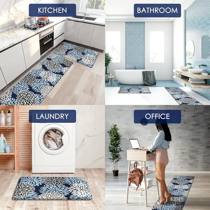 Kitchen Mats Set of 2 Cushioned Anti Fatigue Kitchen Rugs Non Slip Waterproof Runner Memory Foam Kitchen Floor Mat Comfort Standing Mat for Sink, Office, Laundry, Navy Blue