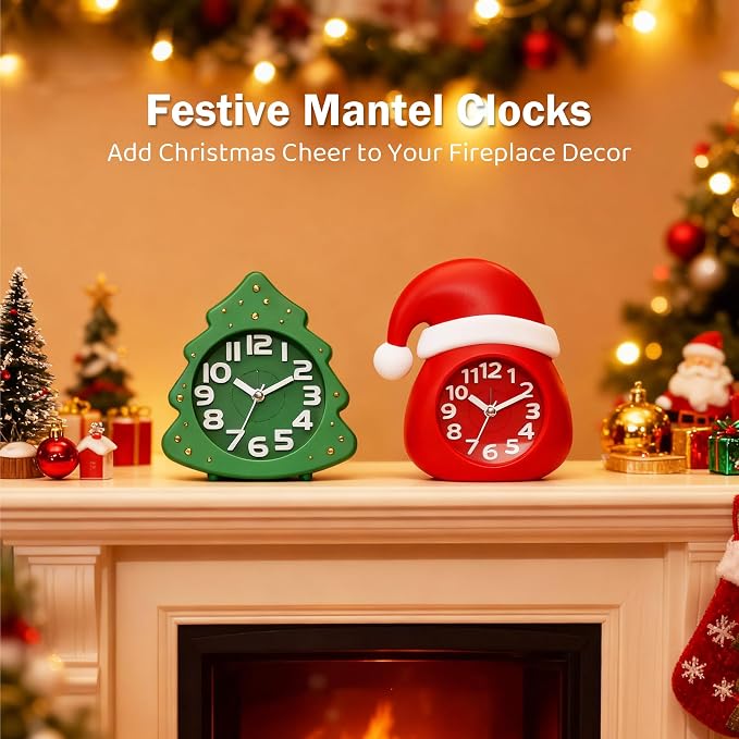 AYRELY® Christmas Alarm Clock Gift Set, 2 Silent Analog Clocks | Santa Hat & Christmas Tree Designs, Ready-to-Gift Holiday Edition for Kids & Family with Festive Gift Box
