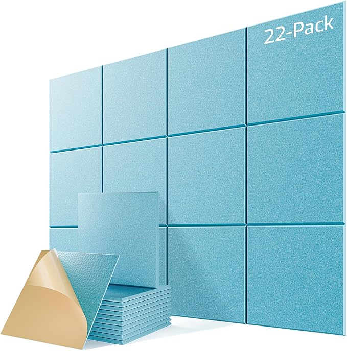 22 Pack Self-Adhesive Acoustic Panels, 12" X 12" X 0.4" High-Density Sound Proof Foam Panels for Walls, Soundproof Wall Panels for Home & Office (Aqua Blue)