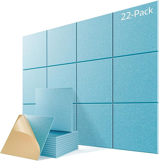 22 Pack Self-Adhesive Acoustic Panels, 12" X 12" X 0.4" High-Density Sound Proof Foam Panels for Walls, Soundproof Wall Panels for Home & Office (Aqua Blue)