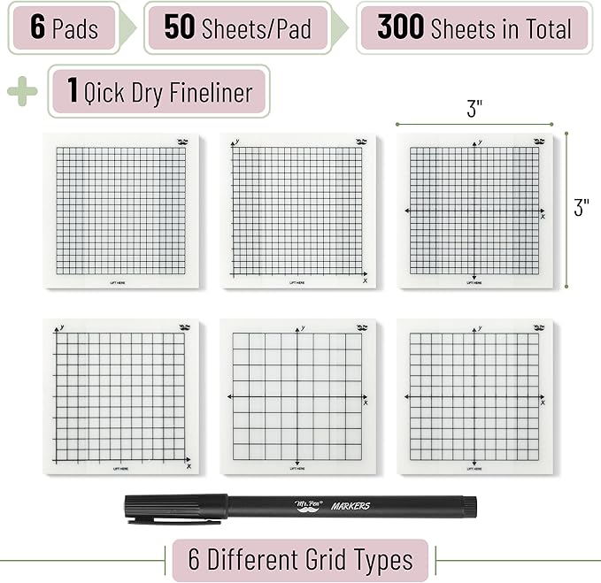 Mr. Pen- Transparent Graph Sticky Notes, 3x3 Inch, 6 Pads, 50 Sheets/Pad | 6 Grid Designs, Square Graph Paper Notes & Fineliner, Waterproof Grid Sticky Note Pads for Math, Study, Journals, Planners