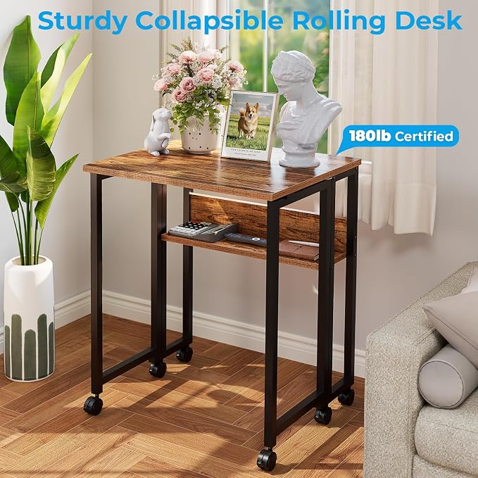 GreenForest Folding Desk with Wheels, 24.8 Inch Compact Rolling Computer Table with Storage Shelf, Portable Mobile Workstation for Small Spaces, Easy Assembly,Walnut
