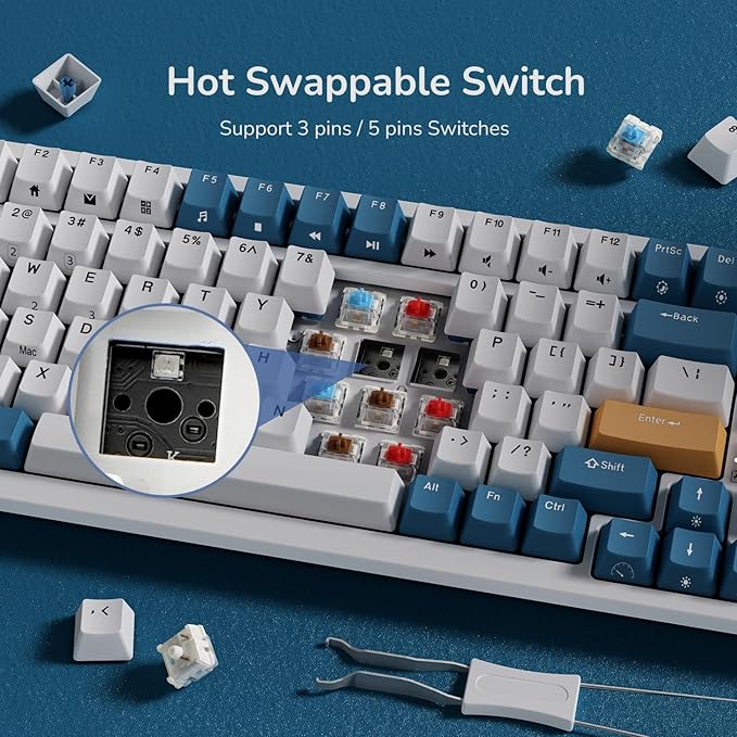 RK ROYAL KLUDGE RK98 Wireless Mechanical Keyboard, Triple Mode 2.4G/BT5.1/USB-C Hot Swappable Keyboard with Number Pad, Pre-lubed Clicky Switches RGB Backlit Gaming Keyboard, Software Support