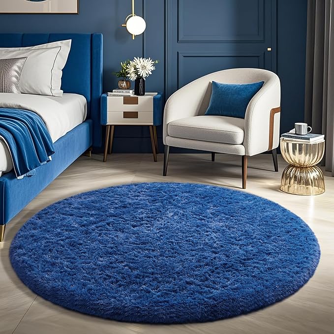 Ophanie Round Rug 5Ft Blue Circle Area Rug, Boys Room Decor, Fluffy Fuzzy Bedroom Carpet, Plush Soft Shaggy Living Room Rugs for Kids Home Aesthetic, Nursery with Over 99 pcs Pile fibers