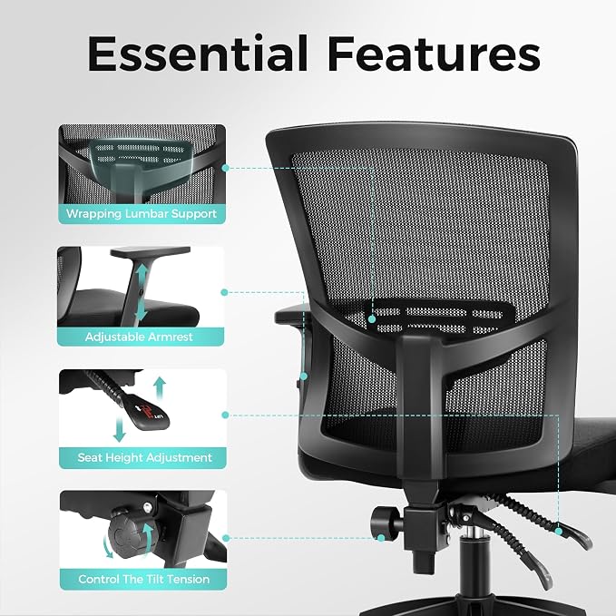 ALPHA HOME Office Chair Ergonomic, Mid Back Mesh Computer Chair, Black | Mid Back Desk Chair with Lumbar Support Executive Stool with Adjustable Armrest & Seat Cushion, BIFMA & SGS Certified