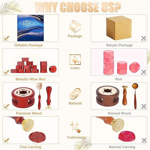 Wax Seal Stamp Kit - 357Pc Set with Wax Beads, Seal Stamp, Warmer, Spoon, Candles - Vintage Envelopes Letters Mailing Crafts Gift (Wine Red)