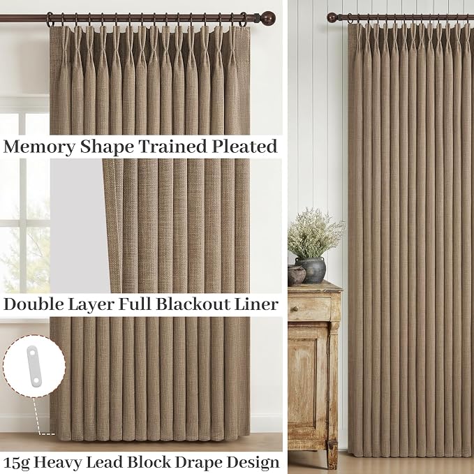 Blackout Double Layer Thick Linen Curtains 108 Inches Long for Sliding Glass Doors, Rust Brown Memory Trained Pinch Pleated Insulated Noise Reducing Elegant Window Curtain & Drapes 2 Panels 9FT Length