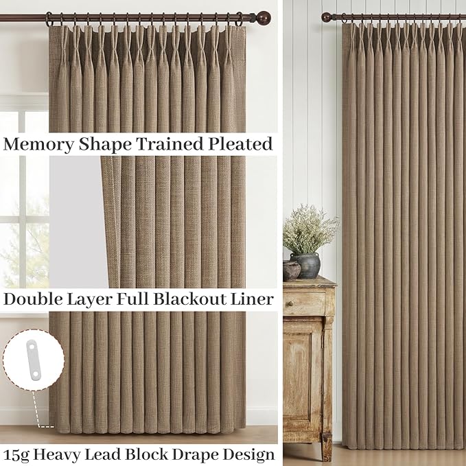 Rust Brown Pinch Pleated Blackout 90 Inch Curtains for Sliding Glass Doors 2 Panels Set, Memory Shape Linen Thermal Sound Dampening Dual Layer Heavy Drapes Textured Windows Curtain 40x90 Inches Long