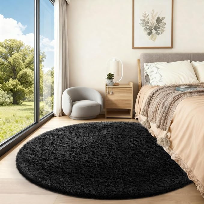 Ophanie Round Rug 5Ft Black Circle Area Rug, Room Decor for Men, Fluffy Fuzzy Bedroom Carpet, Plush Soft Shaggy Living Room Rugs for Kids Home Aesthetic, Nursery with Over 99 pcs Pile fibers