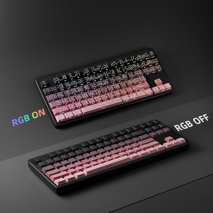 FunHub Shine Through PBT Keycaps - Pink Side Printed DoubleShot Keycaps Set 133 Keys 60 65 75 100 Percent Cherry Profile,Gradient Topographic RGB Backlit Key Caps for MX Full Size Mechanial Keyboards