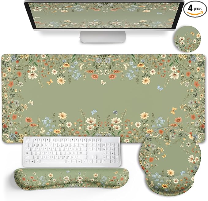 LIMKRIAN Floral Desk Mat Set, Cute Green Desk Accessories Gifts for Women | Mouse Pad with Gel Wrist Rest, XXL Large Desk Pad, Ergonomic Keyboard Wrist Support, Stitched Edges, Cup Coaster, Desk Decor