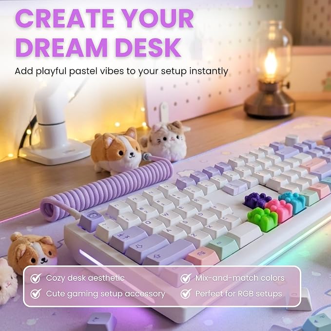 Kawaii Gummy Bear Keycaps - Pack of 4 Cute Colorful OEM Profile Artisan Keycap Set in Pink, Green, Baby Blue, & Purple Compatible with Mechanical Keyboard for Cool, Fun & Aesthetic Gaming PC Decor