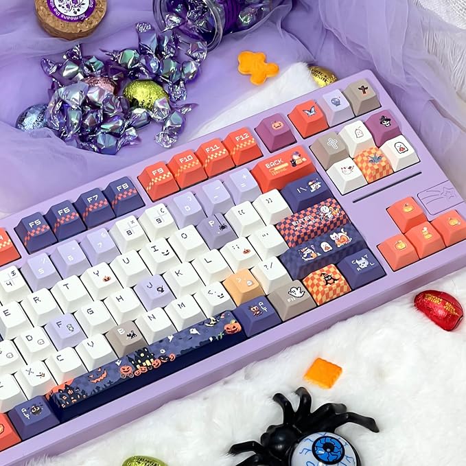 Cute Keycaps, Cherry Profile PBT Keycaps 130 Keys Dye-Sublimation Custom Keycap Set for 61/64/68/84/87/100/104/108 Cherry Gateron MX Switches Gaming Mechanical Keyboard Halloween Themed