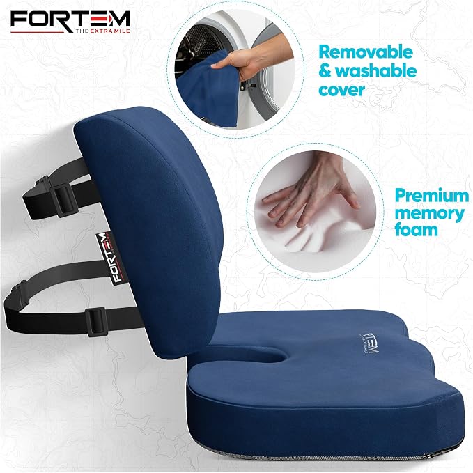 FORTEM Seat Cushion, Office Chair Cushion, Lumbar Support Pillow for Office Chair, Memory Foam Car Seat Cushions, Sciatica Coccyx Tailbone Pain Relief, Cushions for Back Support, Washable, Non Slip