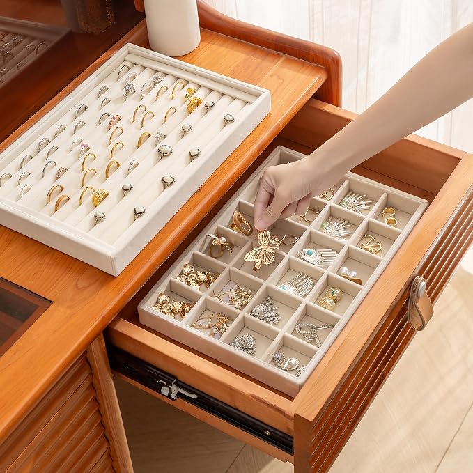 Jewelry Trays for Drawer,Set of 4 Jewelry Organizer and Storage | Velvet Material,Stackable,Adjustable Dividers,Drawer Inserts for Rings Studs Bracelet,Earring Organizer for Women Girls