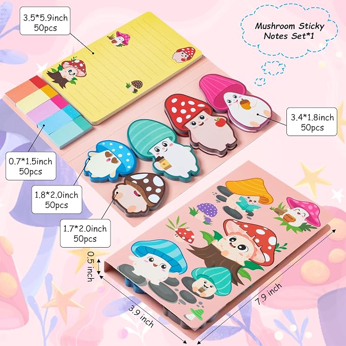 B1ykin Cute Sticky Notes Set - Lovely Mushroom Shaped Self-Stick Notes Pad, 550 Sheets Writing Memo Pages Sticky Notepad for Teacher Appreciation Gift, School Office Party Favors Supplies (Mushroom)