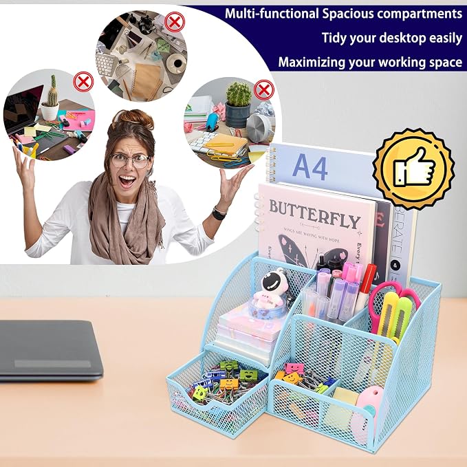 Boutilon Mesh Desk Organizer Desktop Office Supplies Stationary Organizer with 6 Compartments and 1 Drawer Multi-Functional Caddy Pen Holder for Home Office School Desk Decor(Light Blue)