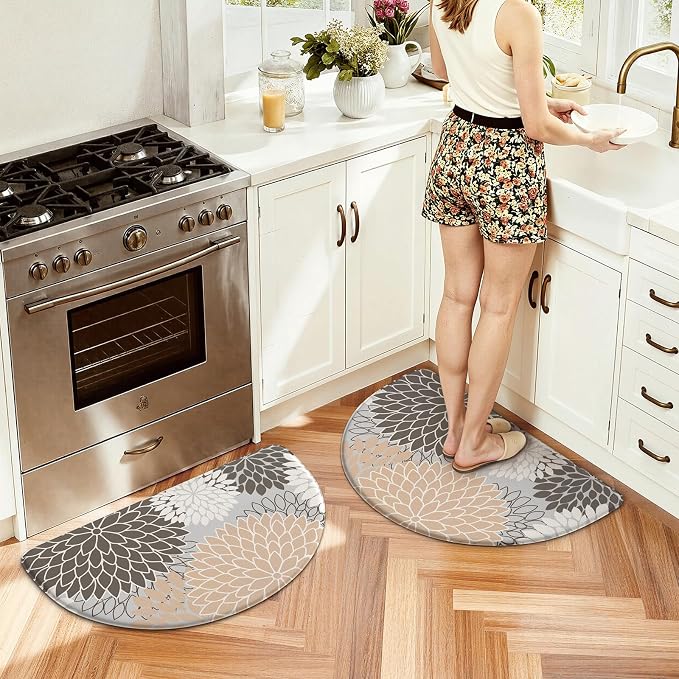 KIMODE Half Circle Kitchen Mats for Floor Cushioned Anti Fatigue 2PCS Semi | 28"x18"+28"x18",Half Round,Pink,Boho Kitchen Rug Sets of 2,Non Slip,Waterproof,Padded Kitchen Carpet Decor for Sink Laundry