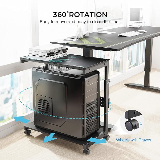 EUREKA ERGONOMIC PC Stand Height Adjustable Black | Height-adjustable 2-tier PC stand with wheels for ATX computer cases or printers, durable steel frame and smooth mobility