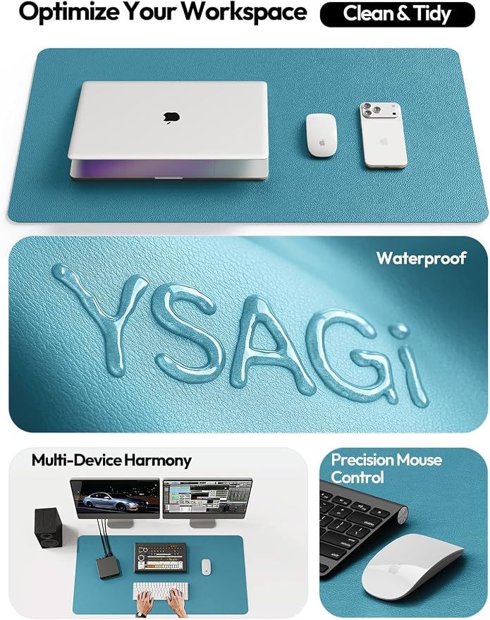 YSAGi Leather Desk Pad Protector, Office Desk Mat, Large Mouse Pad, Non-Slip PU Leather Desk Blotter, Laptop Desk Pad, Waterproof Desk Writing Pad for Office and Home (Turquoise, 35.4" x 17")