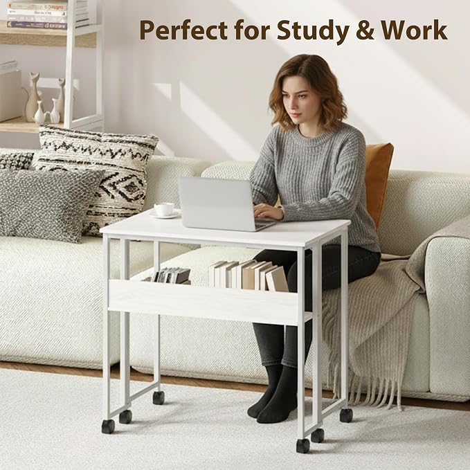 31.5" Folding Desk Rolling Desk with Storage Shelf,Space-Saving Foldable Computer Desk with Wheels,Portable Mobile Couch Sofa Side Table for Small Spaces, Home Office, Study, Easy Assembly,white