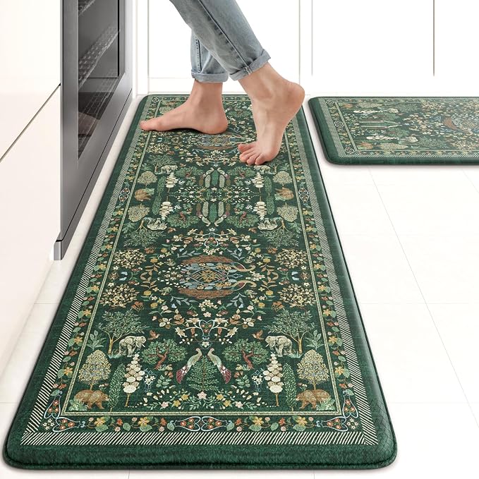 KIMODE Kitchen Mats Cushioned Anti Fatigue 17"x47"+17"x29", Farmhouse Kitchen Mats for Floor 2 Piece, Dark Green Padded Kitchen Floor Mats Non Slip, Standing Mat for Laundry Office Sink Desk
