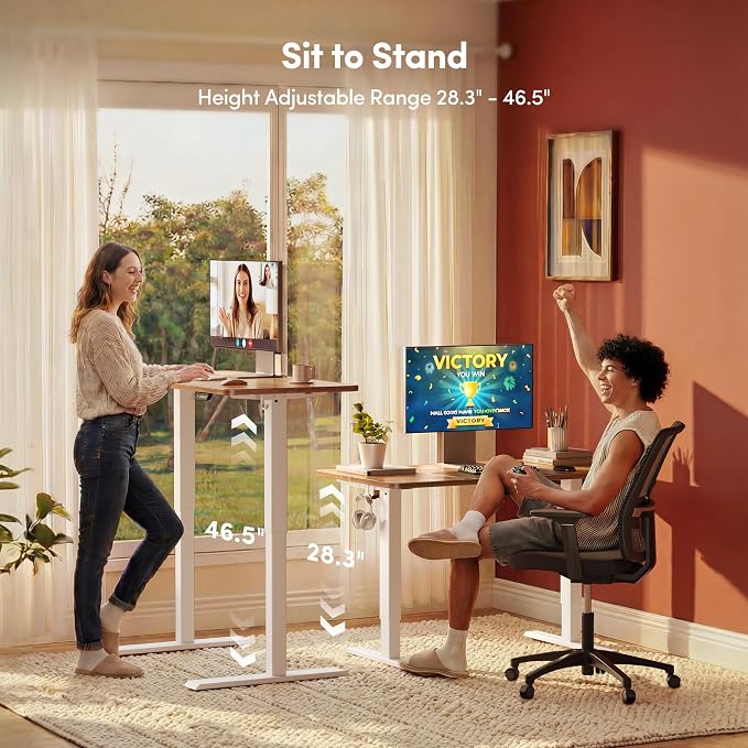 FEZIBO 40 x 24 Inchs Electric Standing Desk, Height Adjustable, Sit Stand Up, Computer Office Desk with Splice Board, White Frame/Light Rustic Top