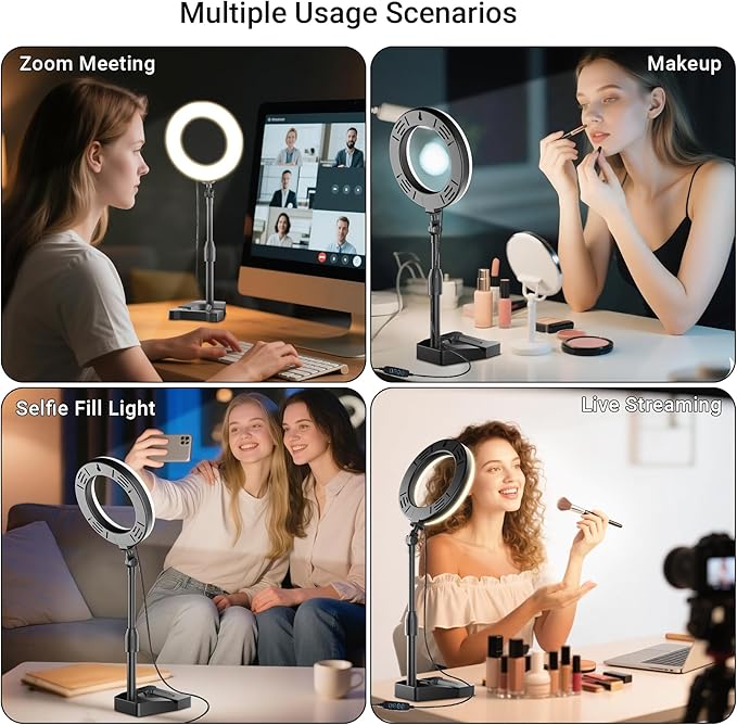 Laptop Ring Light for Video Conferencing, 6'' LED Desk Soft Halo Lighting with Phone Holder for Zoom Calls, Live Streaming, Computer Monitor Webcam, Portable Circle Light with Adjustable Stand