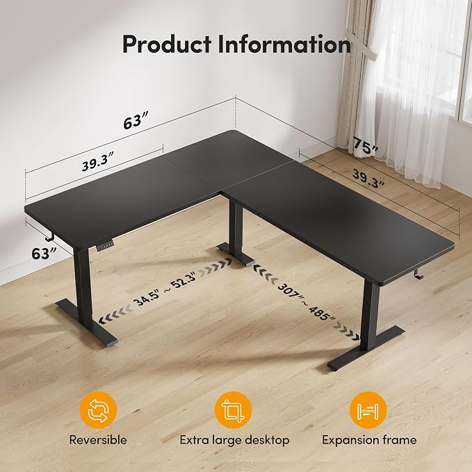 CubiCubi L Shaped Standing Desk 75 x 63 Inch Adjustable Height, Electric Corner Desk, Sit Stand Home Office Desk with Splice Board, Black(2 Packages)