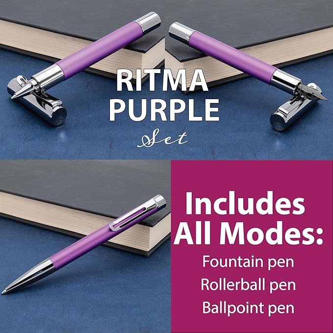 Monteverde Ritma 3+2 Piece Gift Set, Purple - Includes Broad Nib Fountain Pen, Rollerball, Ballpoint, 30ml Ink & Refill - Premium Writing Set for Professionals & Collectors