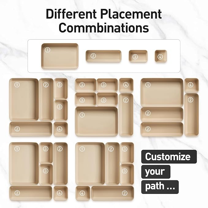 ISSEVE 8Pcs Silicone Bathroom Drawer Organizer Trays Set, 4 Sizes, Beige | Nesting Organizer Trays, For Vanity, Desk, Nightstand, Makeup, Jewelry, Toiletries, and Office Small Items, Drawer Organizer