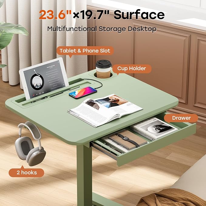Small Mobile Standing Desk with Drawer, 23.6" x 19.7" Top | Height Adjustable Portable Laptop Desk with Wheels & Cup Holder, Sit Stand Computer Workstation for Compact Space, Sage Green